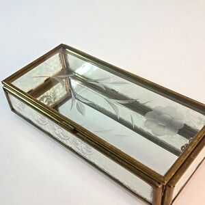 Vintage Etched Glass Jewelry Trinket Box Hinge-Lid Lace Gold Frame Shabby Chic